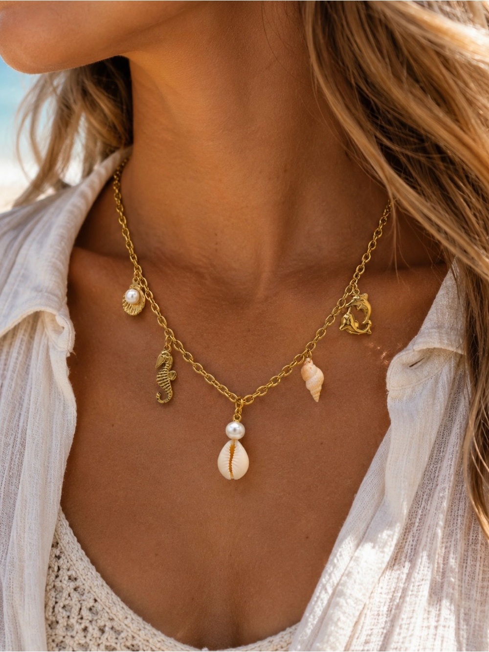 18K Gold Plated Shell Faux Pearl Dolphin Seahorse Stainless Steel Necklace NEW